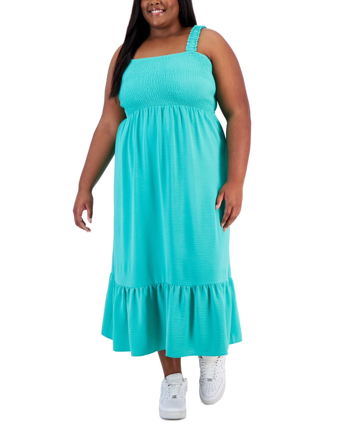 Shop Derek Heart Trendy Plus Size Straight-neck Smocked Dress In Gumdrop Green