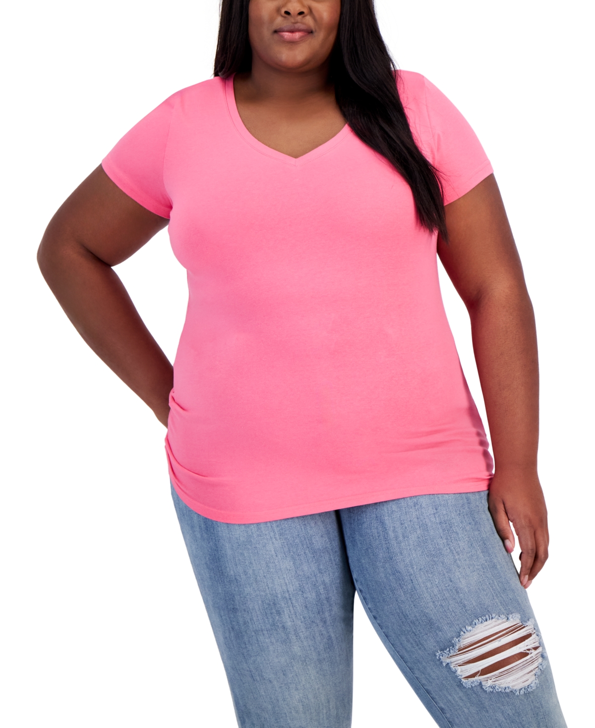 Aveto Trendy Plus Size Fitted V-neck T-shirt In Hot Pink