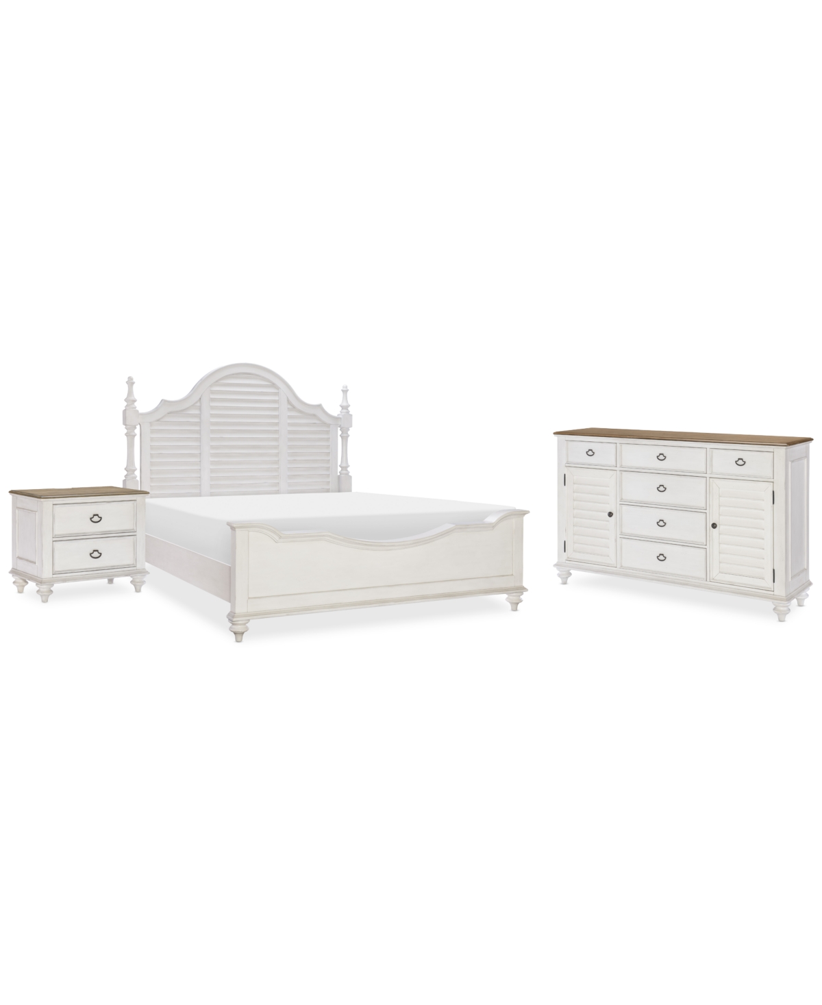 Macy's Mandeville 3pc Bedroom Set (upholstered California King Bed + Drawer Chest + 1-drawer Nightstand) In White