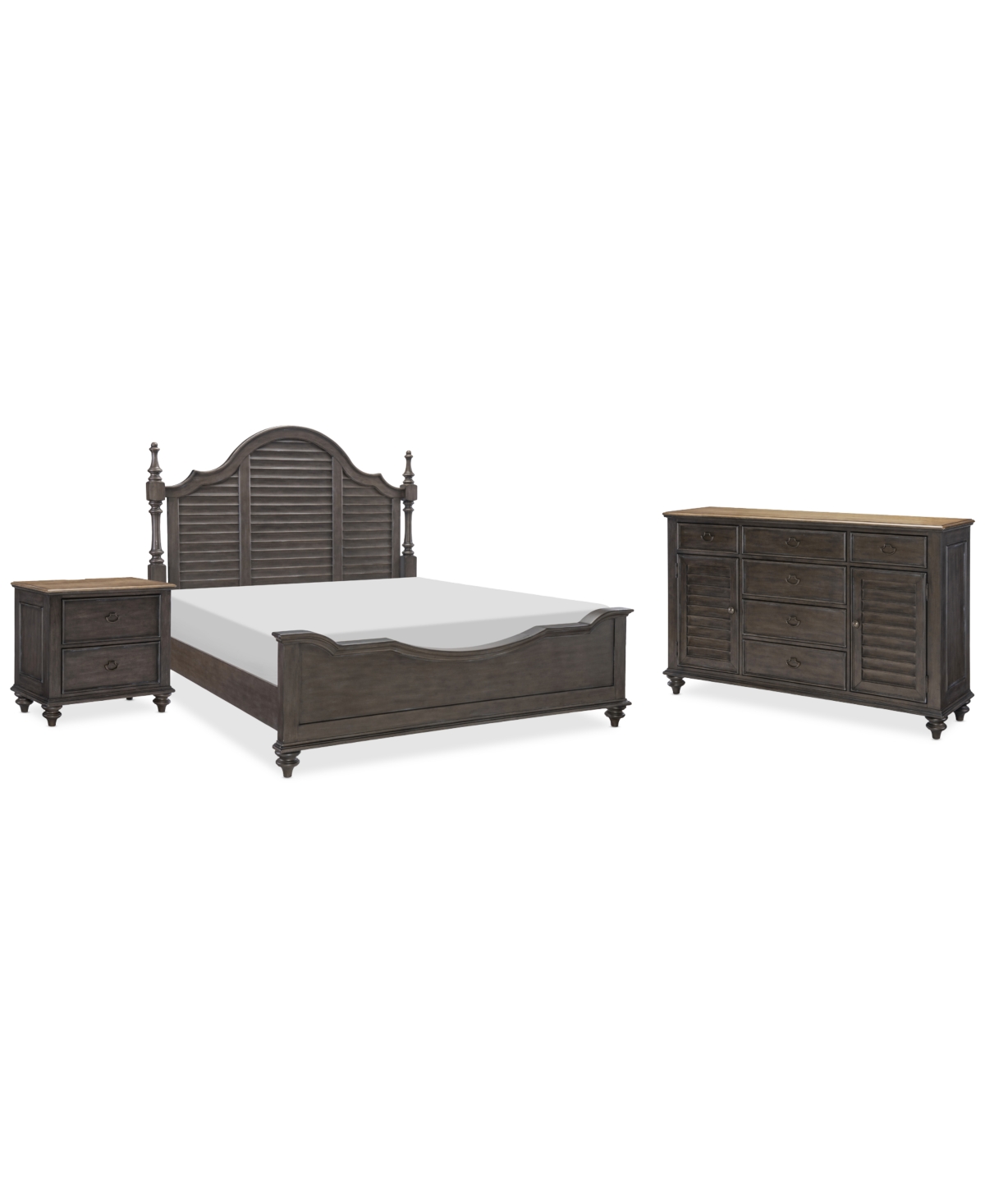 Mandeville 3pc Bedroom Set (Louvered California King Bed + Louvered Dresser -Drawer Nightstand