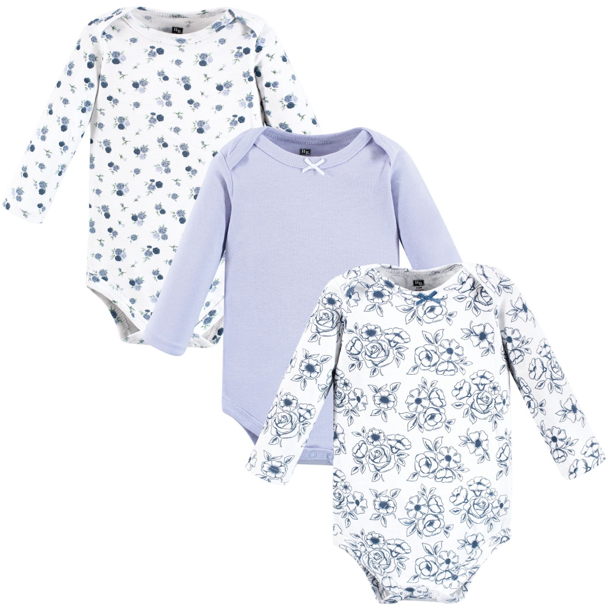 Hudson Baby Baby Girls Hudson Cotton Long-Sleeve Bodysuits, Blue Toile 3-Pack, 3-6 Months - Blue toile 3-pack