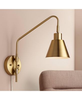 Marybel Modern Swing Arm Wall Lamp Brass Gold Plug-in Light Fixture Tapered Metal Shade for Bedroom Bedside Living Room Reading House