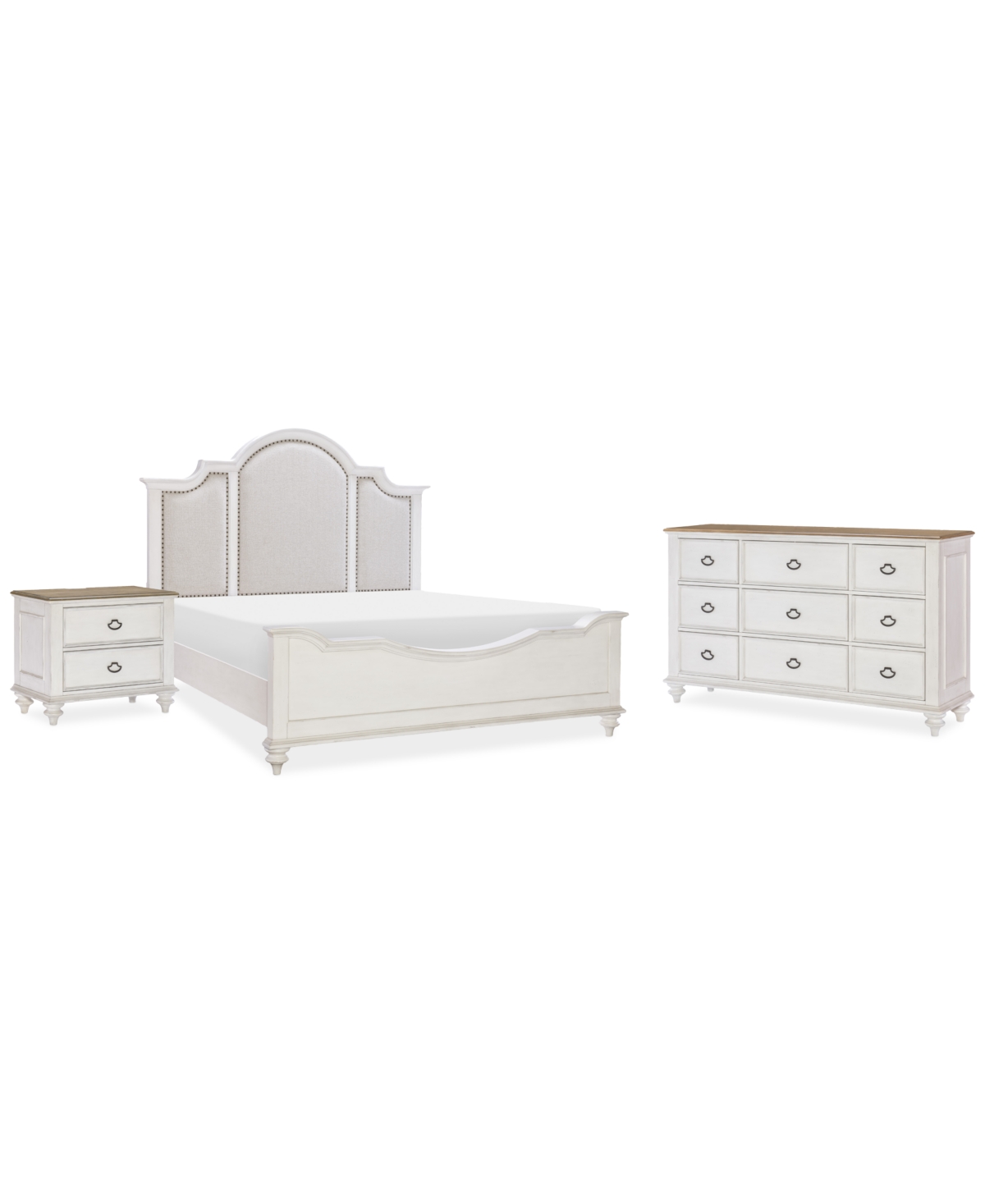 Macy's Mandeville 3pc Bedroom Set (upholstered California King Bed + Drawer Chest + 1-drawer Nightstand) In White