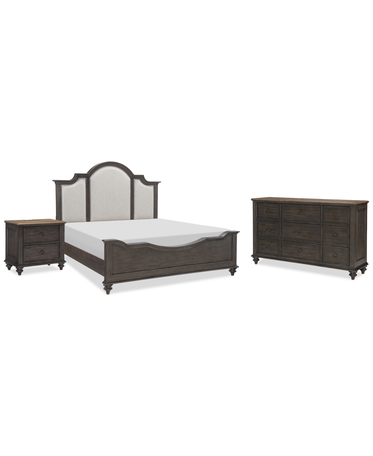 Mandeville 3pc Bedroom Set (Upholstered King Bed + Dresser + 2-Drawer Nightstand) - Brown