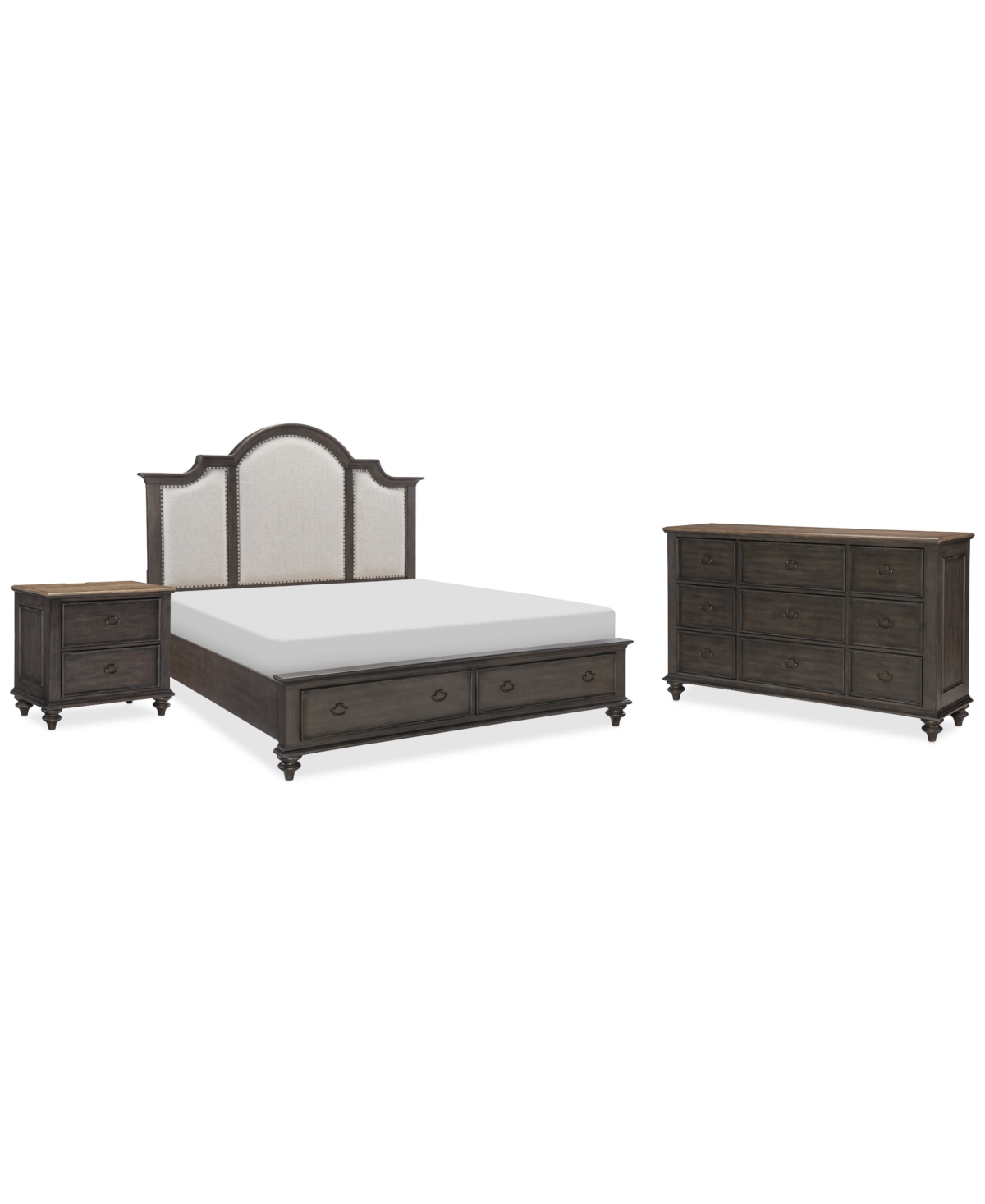 Mandeville 3pc Bedroom Set (Upholstered California King Storage Bed + Dresser + 2-Drawer Nightstand) - Brown