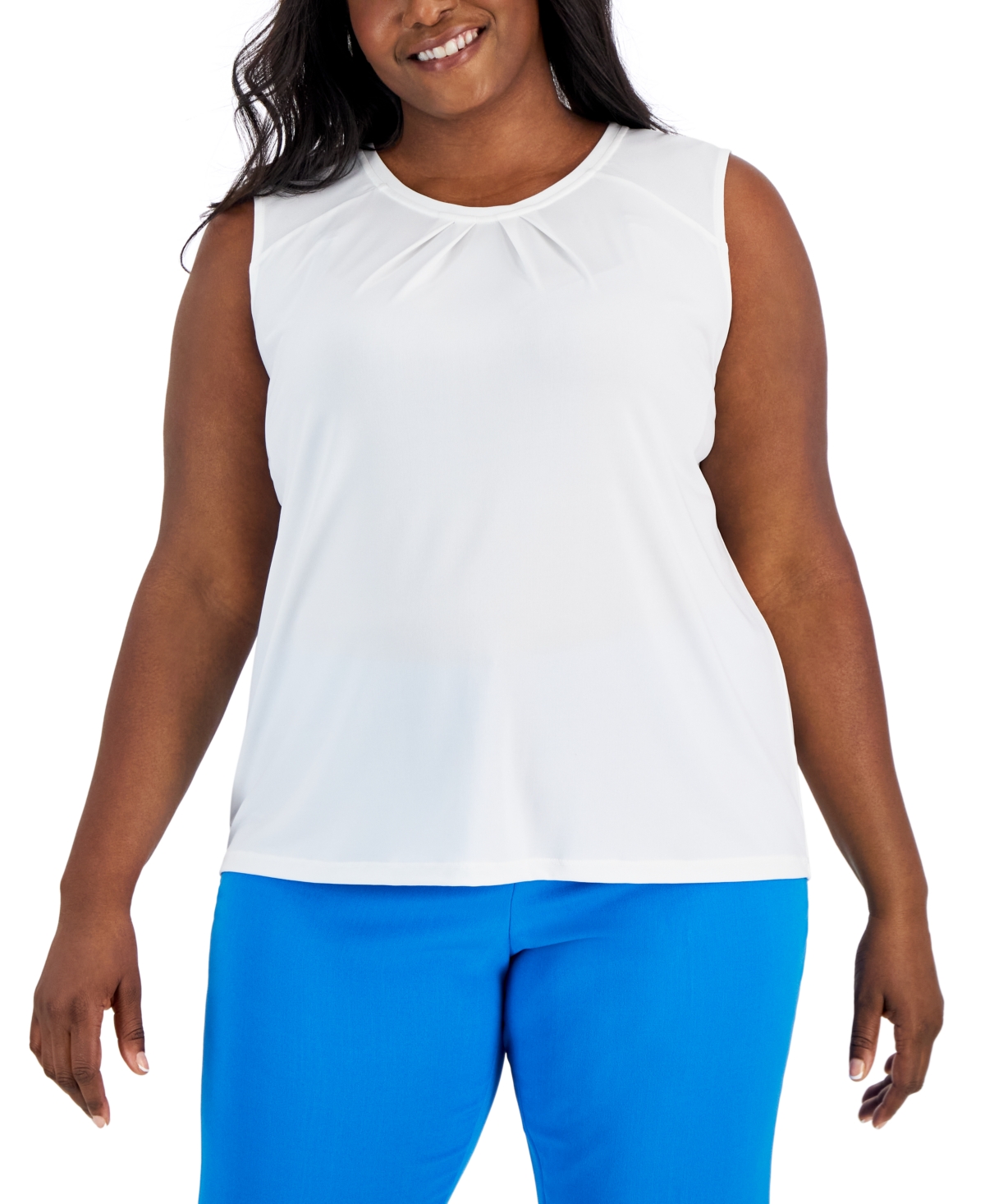 Kasper Plus Size Pleated-neck Sleeveless Top In Lily White