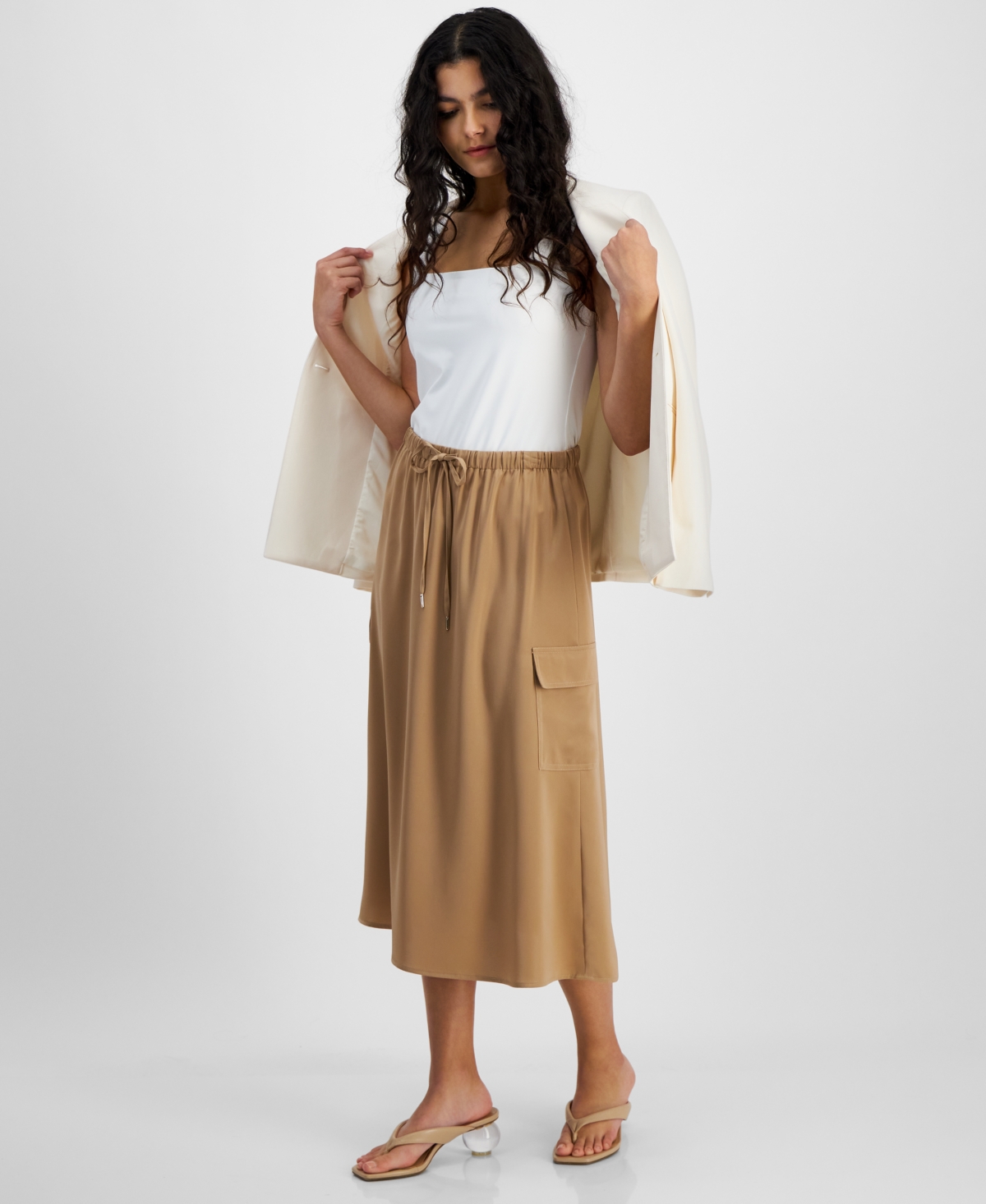 Bar Iii Women's Drawstring Waist Cargo Midi Skirt, Created For Macy's In Barley Field