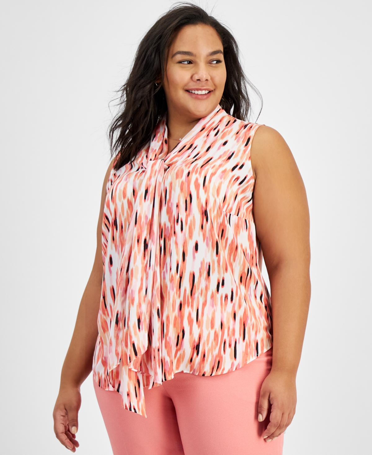 Plus Size Printed Sleeveless Bow Neck Blouse, Created for Macy's - Blanc/Peach Amber multi