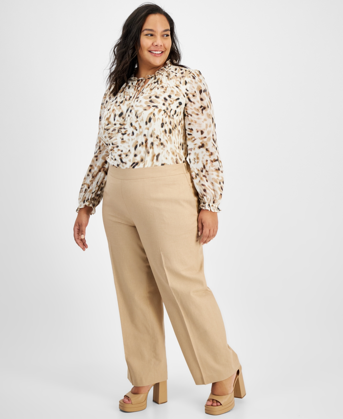 Shop Bar Iii Plus Size Wide-leg Linen-blend Pull-on Pants, Created For Macy's In Barley Field