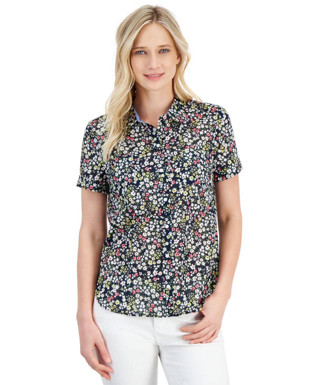 Women's Cotton Ditsy-Floral Print Camp Shirt - Navy