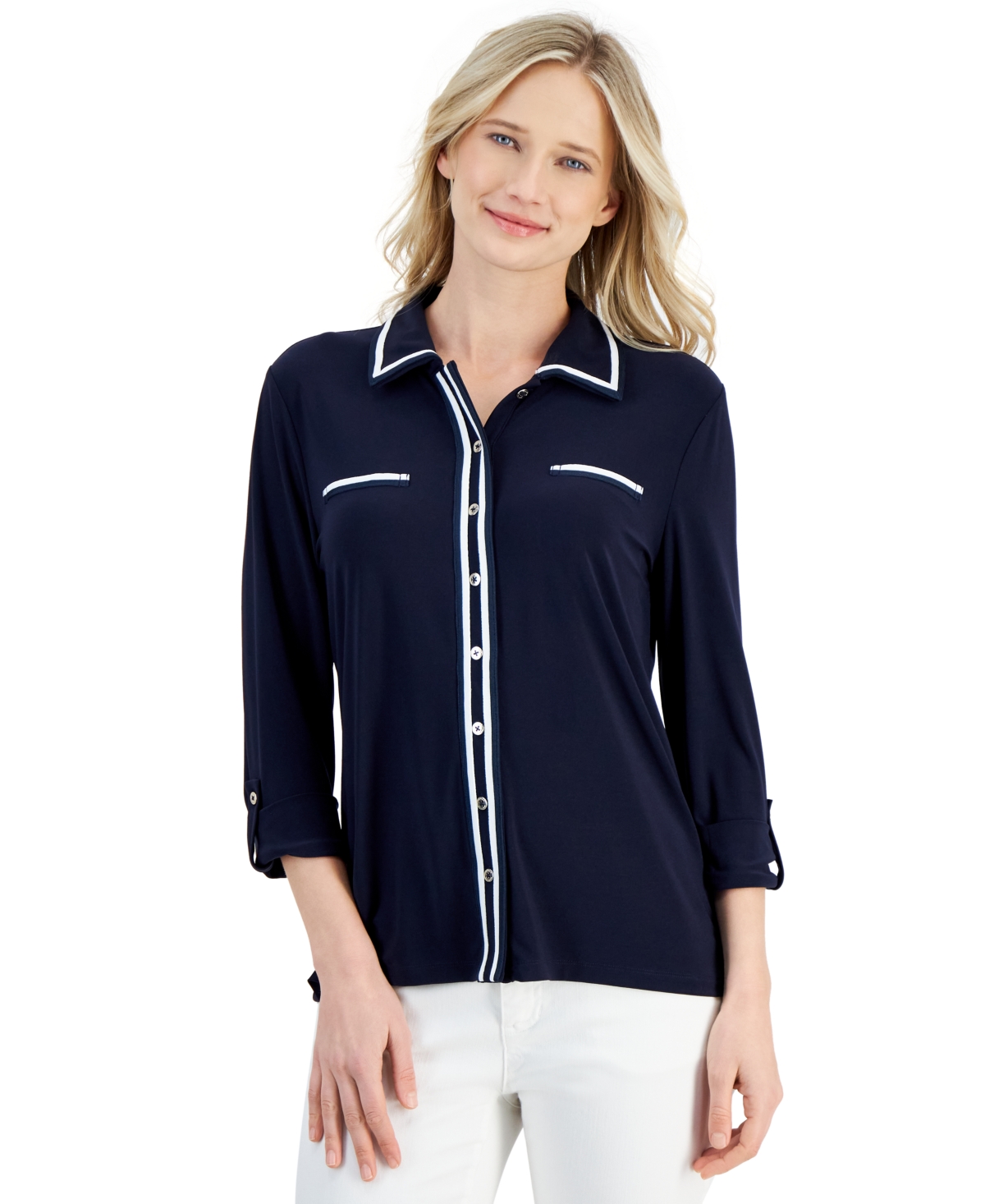 Nautica Women's Knit Roll-tab Tipped Shirt In Blue