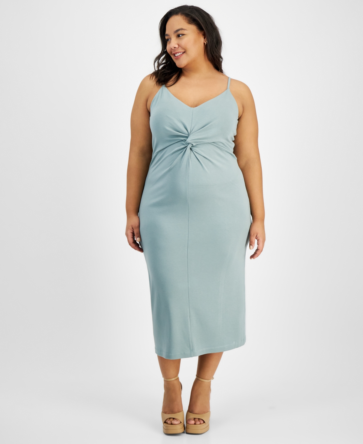 Bar Iii Trendy Plus Size Sleeveless Twist-front Midi Dress, Created For Macy's In Everglade Green