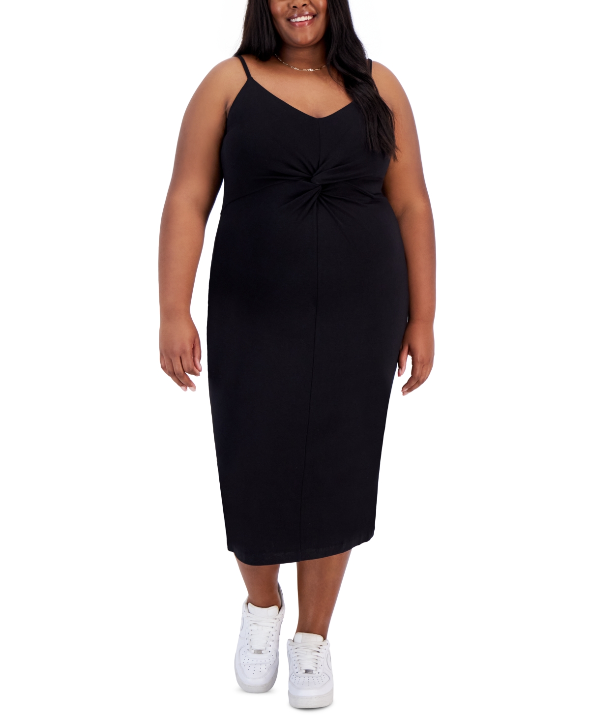 Bar Iii Trendy Plus Size Sleeveless Twist-front Midi Dress, Created For Macy's In Deep Black