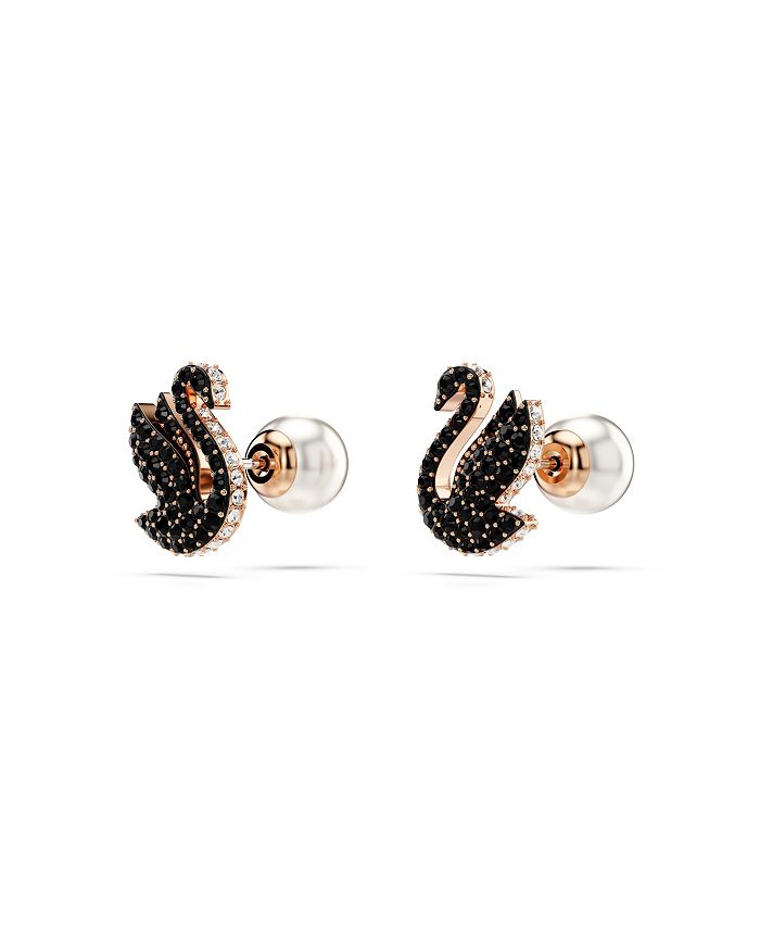 Swarovski Swan, Black, Rose Gold-Tone Iconic Swan Stud Earrings - Macy's