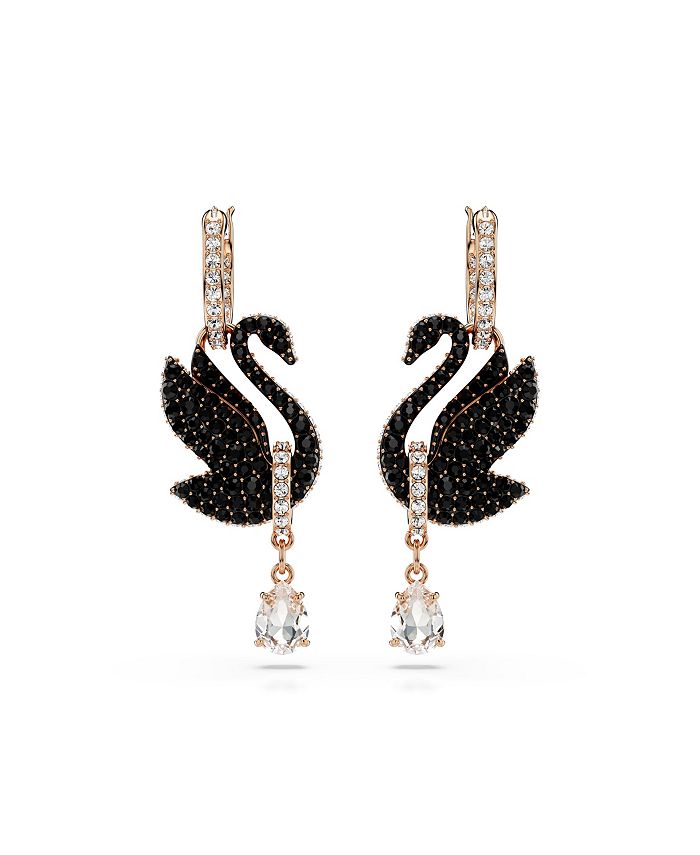 Swarovski Swan, Black, Rose Gold-Tone Iconic Swan Drop Earrings - Macy's
