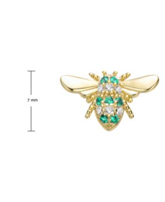 Sterling Silver Mini 7MM 14k Yellow Gold Plated with Cubic Zirconia Pave Wasp Stud Earrings