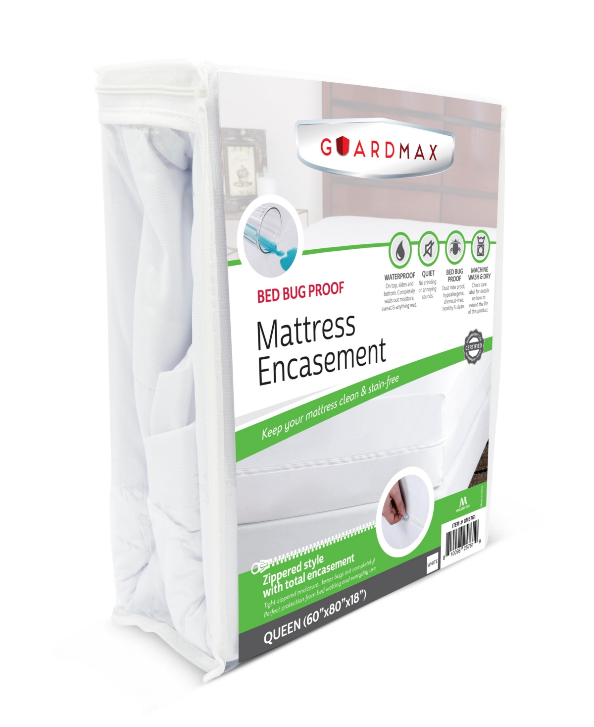 Guardmax Waterproof Mattress Protector Encasement with Zipper, Pockets Stretch up to 18 inches-- White