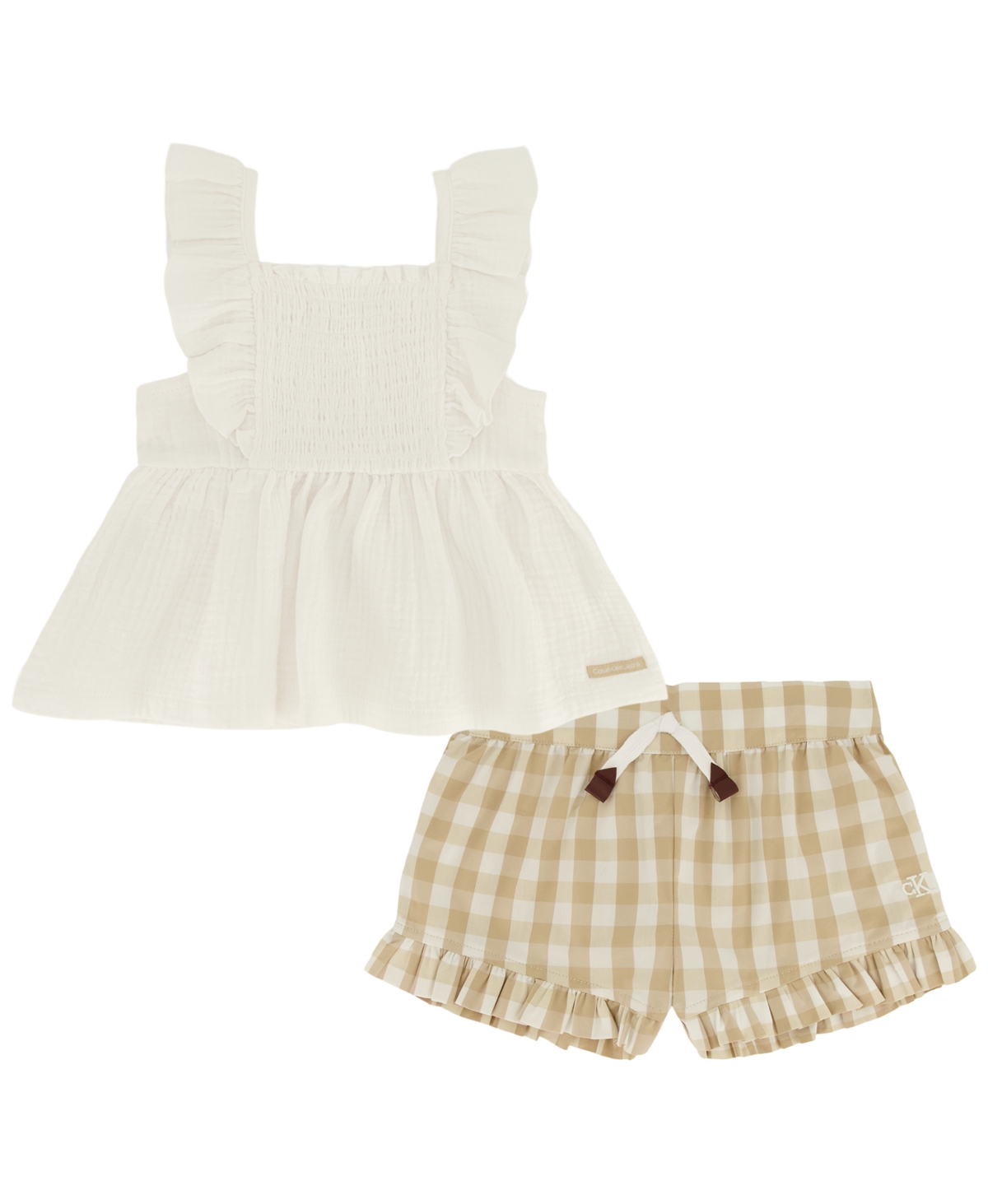 Shop Calvin Klein Toddler Girls Smocked Gauze Top And Gingham Ruffled Shorts, 2 Piece Set In White