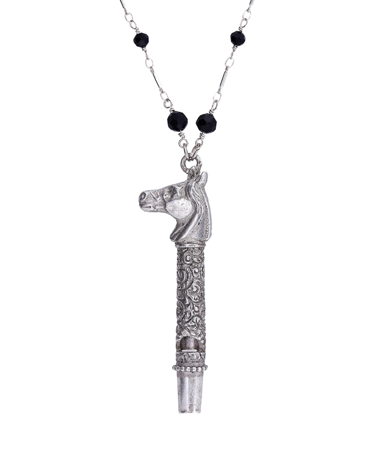 2028 Glass Black Bead Horse Head Whistle Necklace