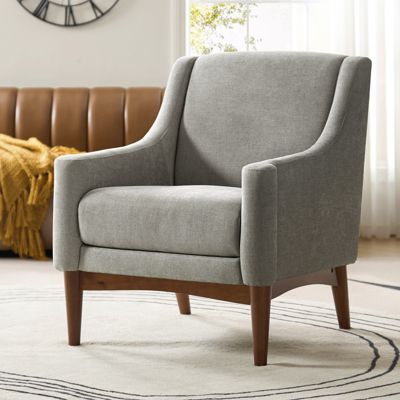 Fabric Recessed Arms Accent Chair with Solid Wood Legs for Living Room Bedroom