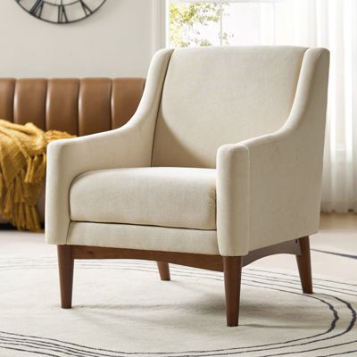 Fabric Recessed Arms Accent Chair with Solid Wood Legs for Living Room Bedroom
