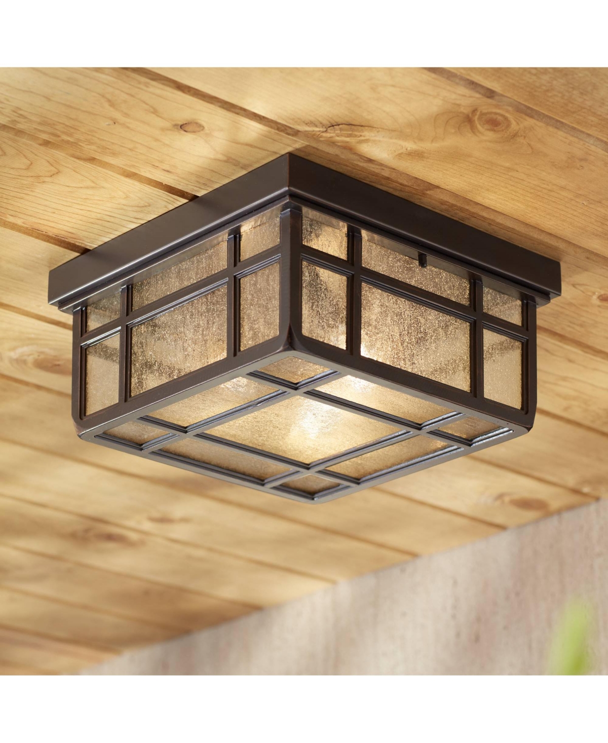 Sierra Craftsman Rustic Flush-Mount Outdoor Ceiling Light Rubbed Bronze Steel 5 1/2" Frosted Seeded Glass Panels Damp Rated for Exterior House Porch P