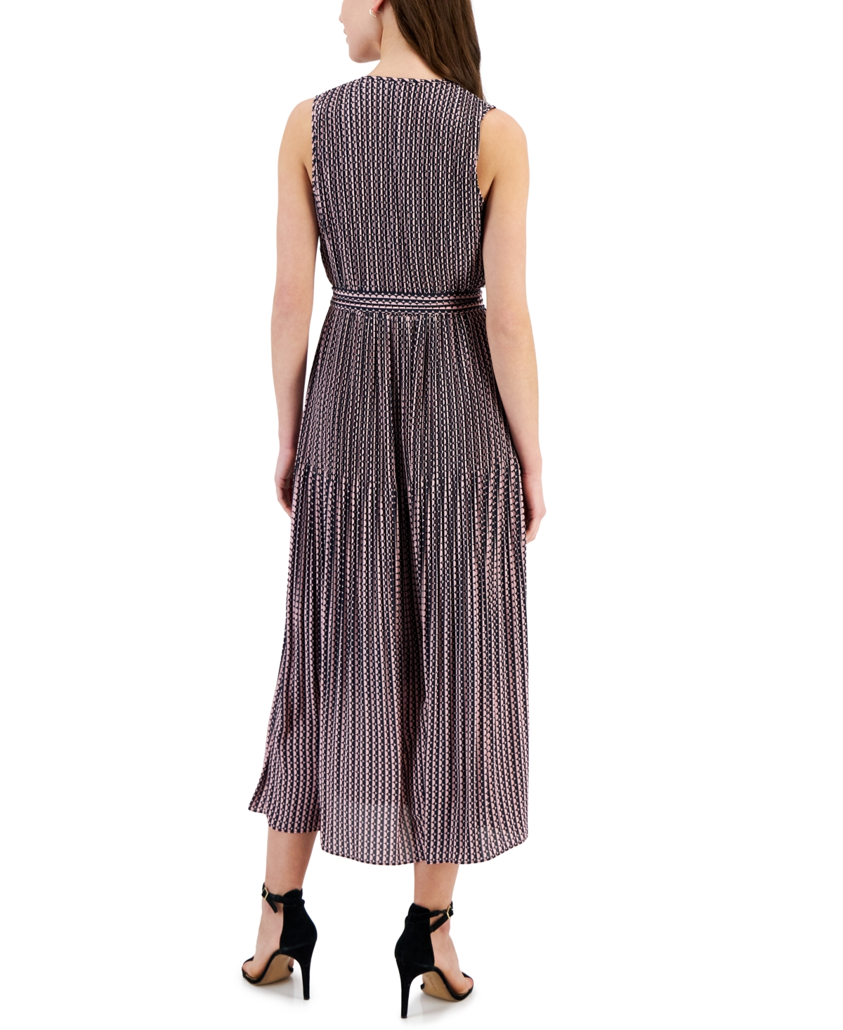 T Tahari Women's Printed Faux-Wrap Sleeveless Pleated Fit & Flare Midi Dress