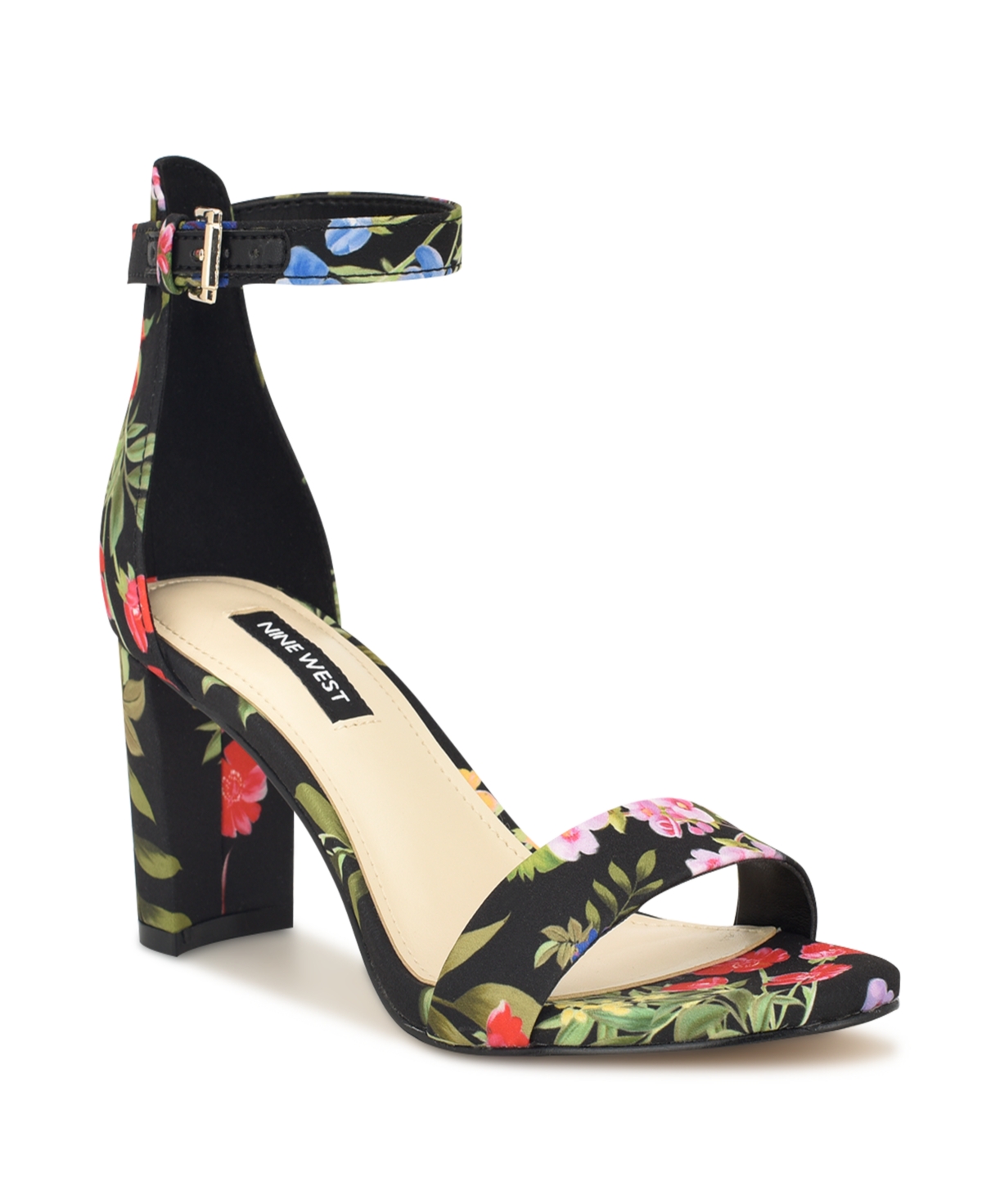 Shop Nine West Women's Pruce Round Toe Block Heel Dress Sandals In Black Garden Print Multi - Textile