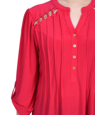 Women's Long Sleeve Pintuck Front Top with Chain Details