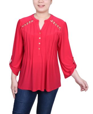 Women's Long Sleeve Pintuck Front Top with Chain Details