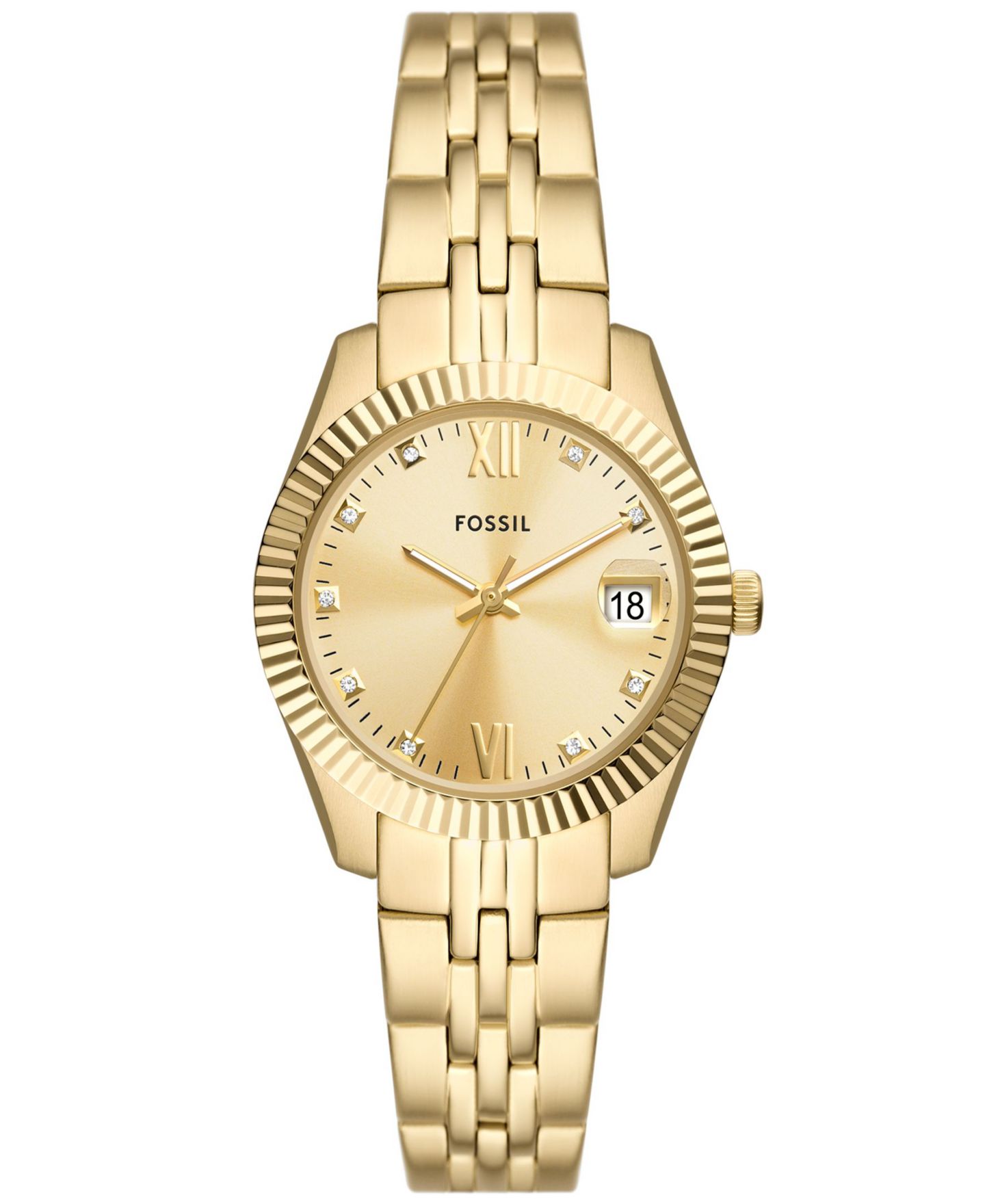 Женские часы Fossil Scarlette Three-Hand Date Gold-Tone Stainless Steel Watch 32mm — фото 1