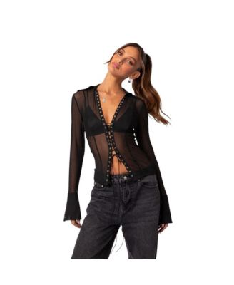 Women's Lace up sheer mesh top