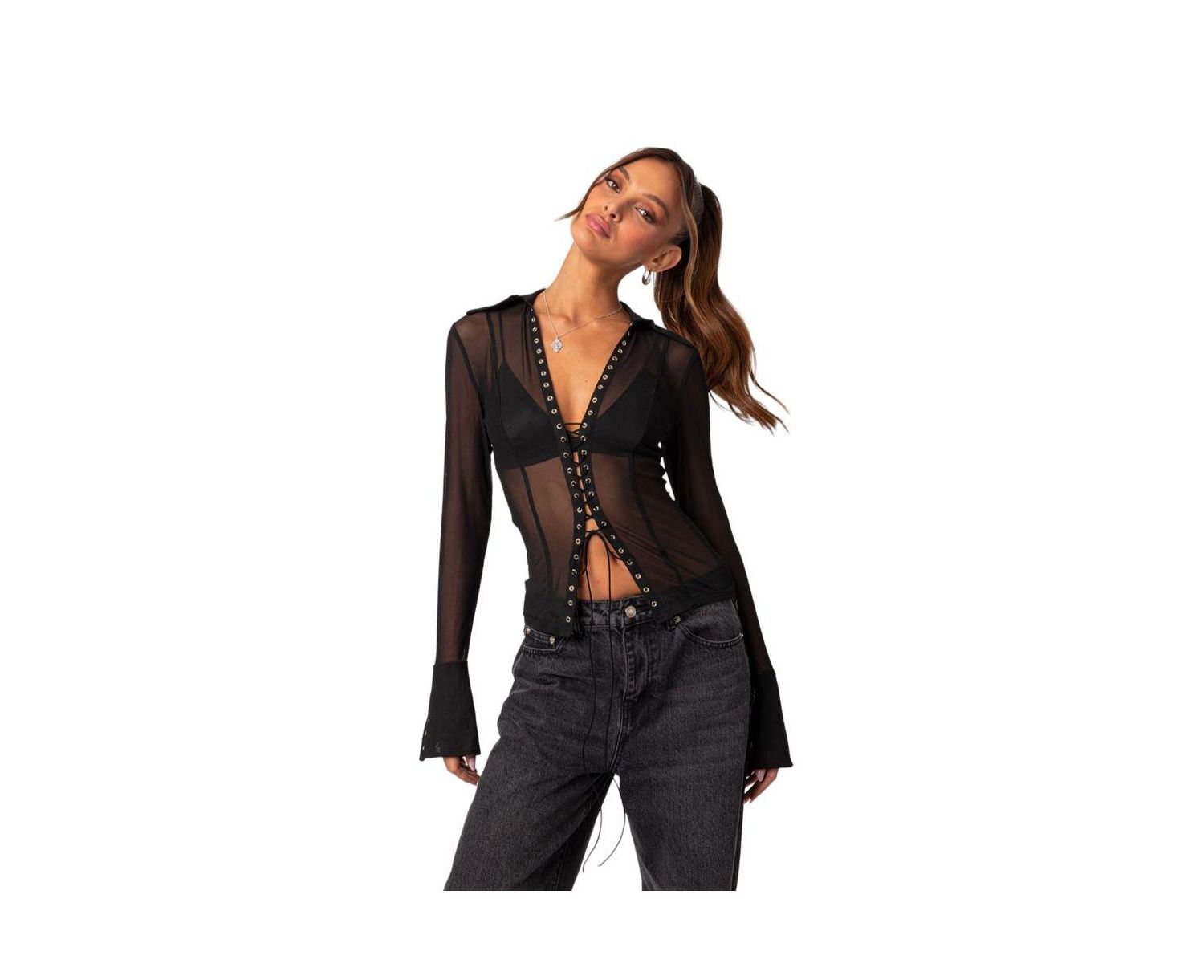 Women's Lace up sheer mesh top