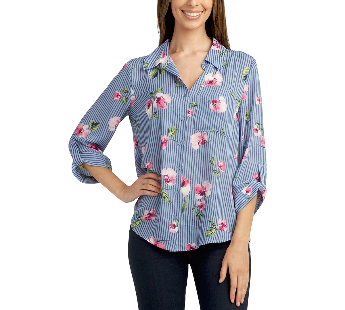 Juniors' Floral Button-Front Roll-Sleeve Blouse - Pat F