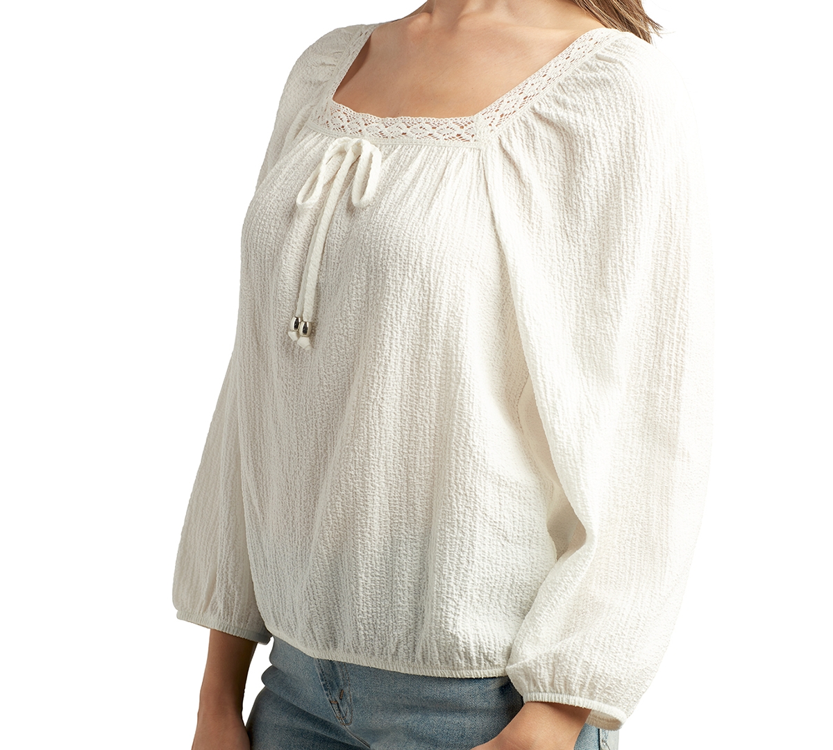 Shop Bcx Juniors' Square-neck Mid-sleeve Peasant Top In Off White