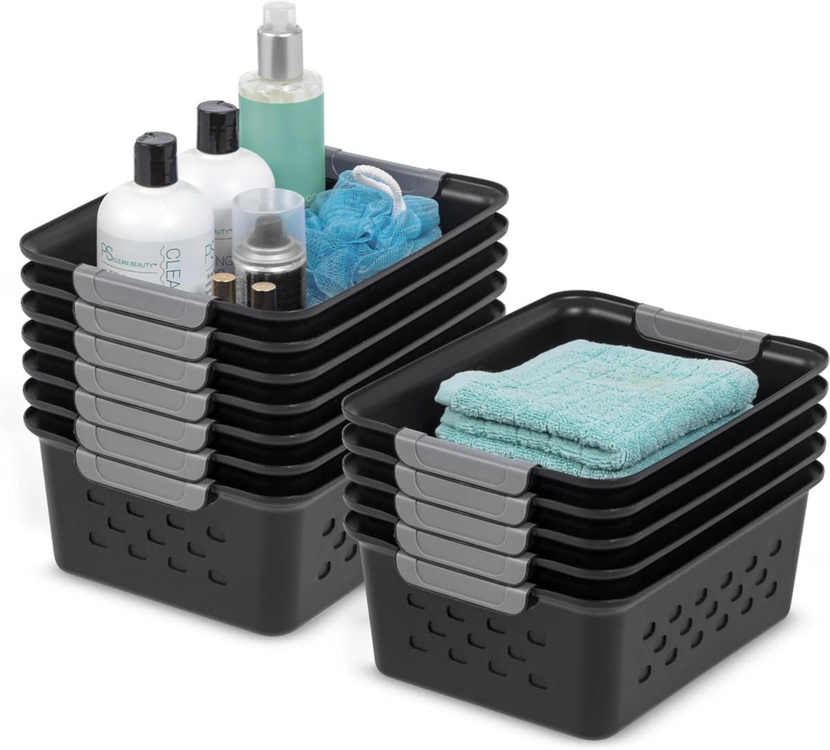 Small Plastic Storage Basket, 12-Pack, Shelf Basket Organizer for Pantries Kitchens Cabinets Bedrooms, Black - Black