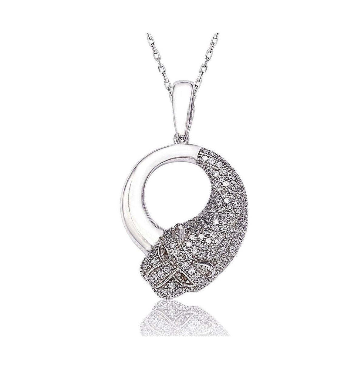 Suzy Levian Sterling Silver Cubic Zirconia Circle Panther Pendant Necklace - White
