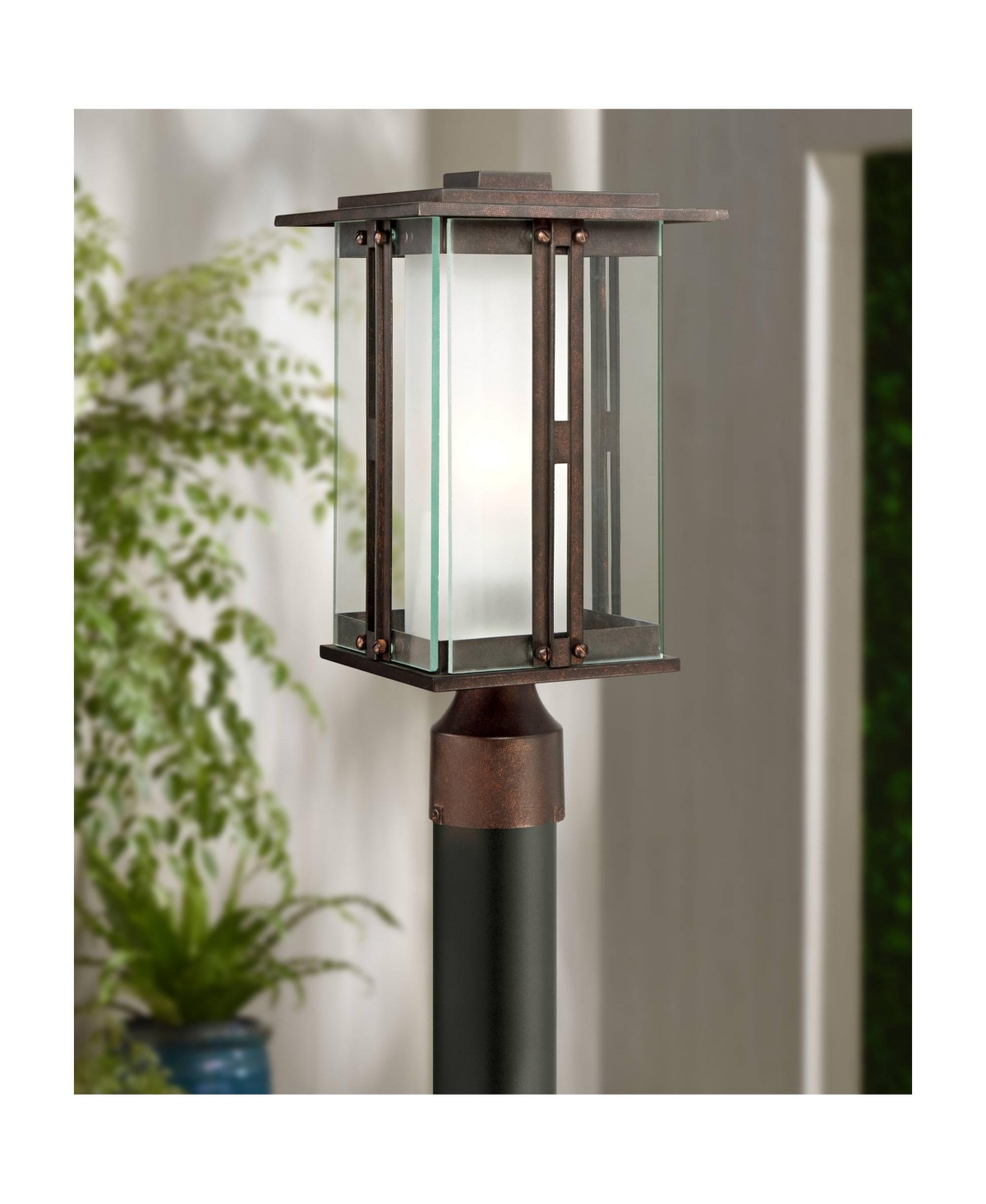 Fallbrook Collection Modern Industrial Outdoor Post Light Fixture Bronze Steel 15 3/4" Clear Frosted Double Glass Lantern for Exterior House Porch Pat