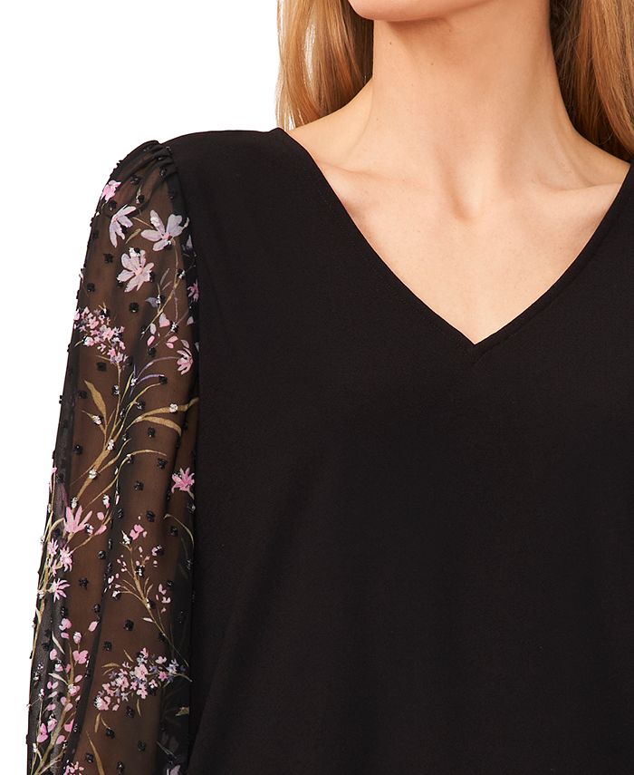 CeCe Women's Three Quarter Floral Jacquard Sleeve Top Gray Size Small