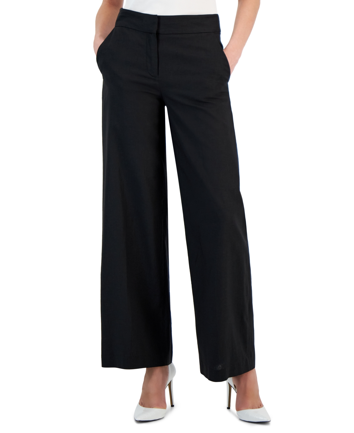 Shop Tahari Asl Women's Solid Wide-leg Mid-rise Linen Pants In Black