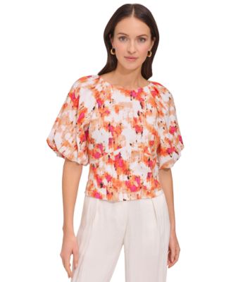 DKNY Women's Printed Scoop-Neck Short-Puff-Sleeve Top