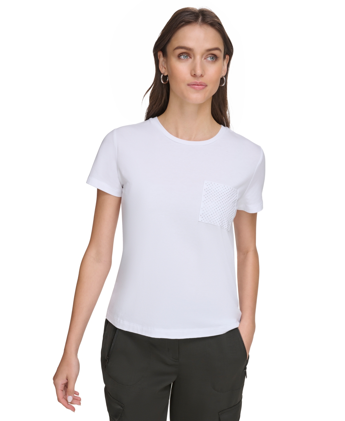 Dkny Women's Studded Pocket Short-sleeve Shirt In White