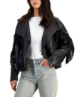 HUGO - Women's Fringe-Trim Leather Moto Jacket