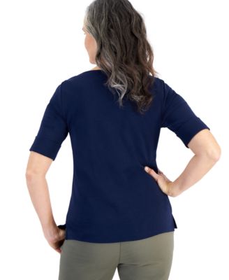 Women's Boat-Neck Elbow Sleeve Cotton Top, Exclusively at Macy's
