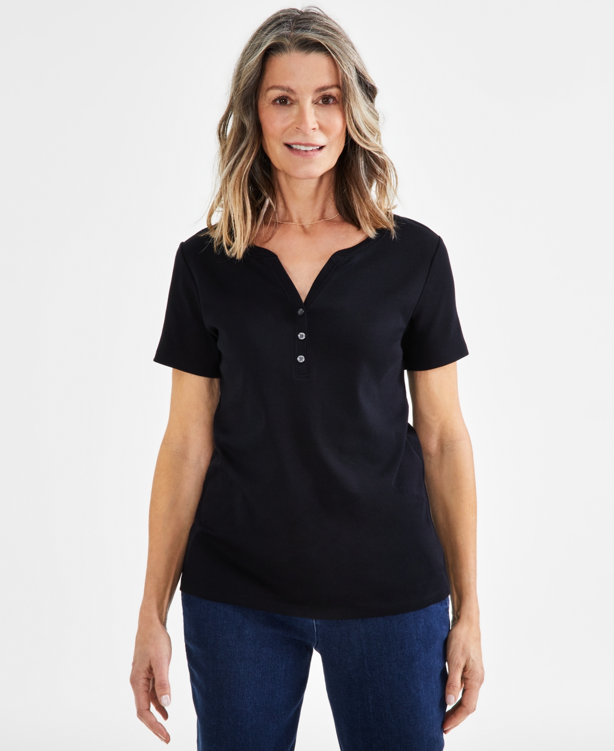 Shop Style & Co Petite Cotton Henley Short-sleeve T-shirt, Created For Macy's In Deep Black