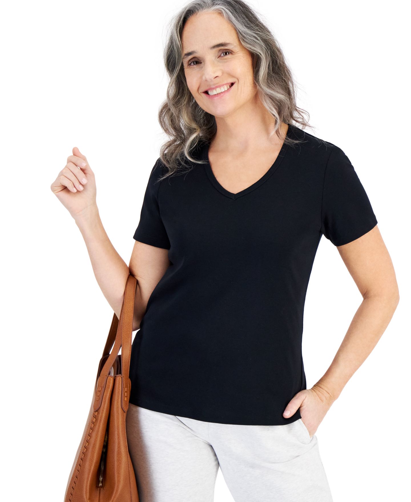 Женский топ Style & Co Cotton Short Sleeve V-Neck Top, цвет: Глубокий чёрный — фото 1