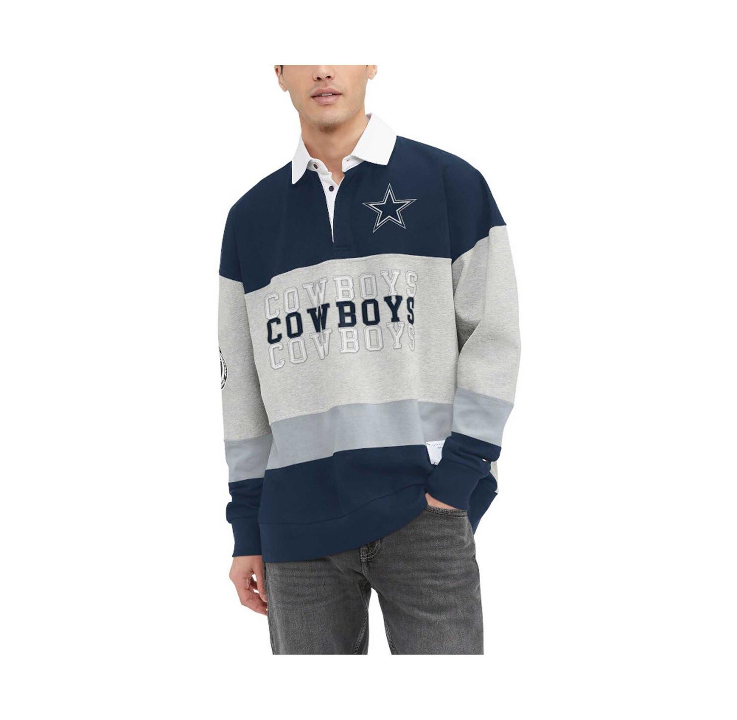 Men's Heather Gray, Navy Dallas Cowboys Connor Oversized Rugby Long Sleeve Polo Shirt