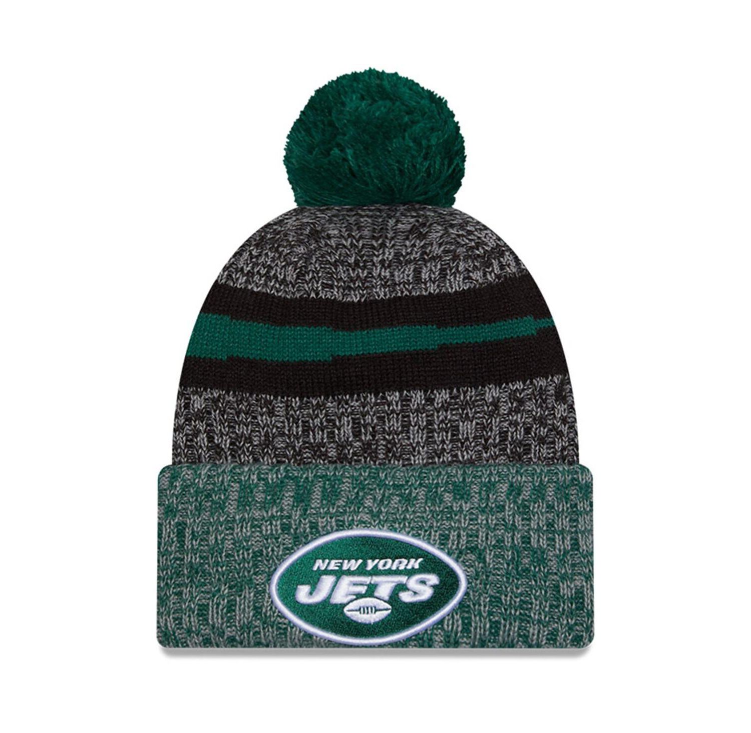 Men's Black, Green New York Jets 2023 Sideline Sport Cuffed Pom Knit Hat