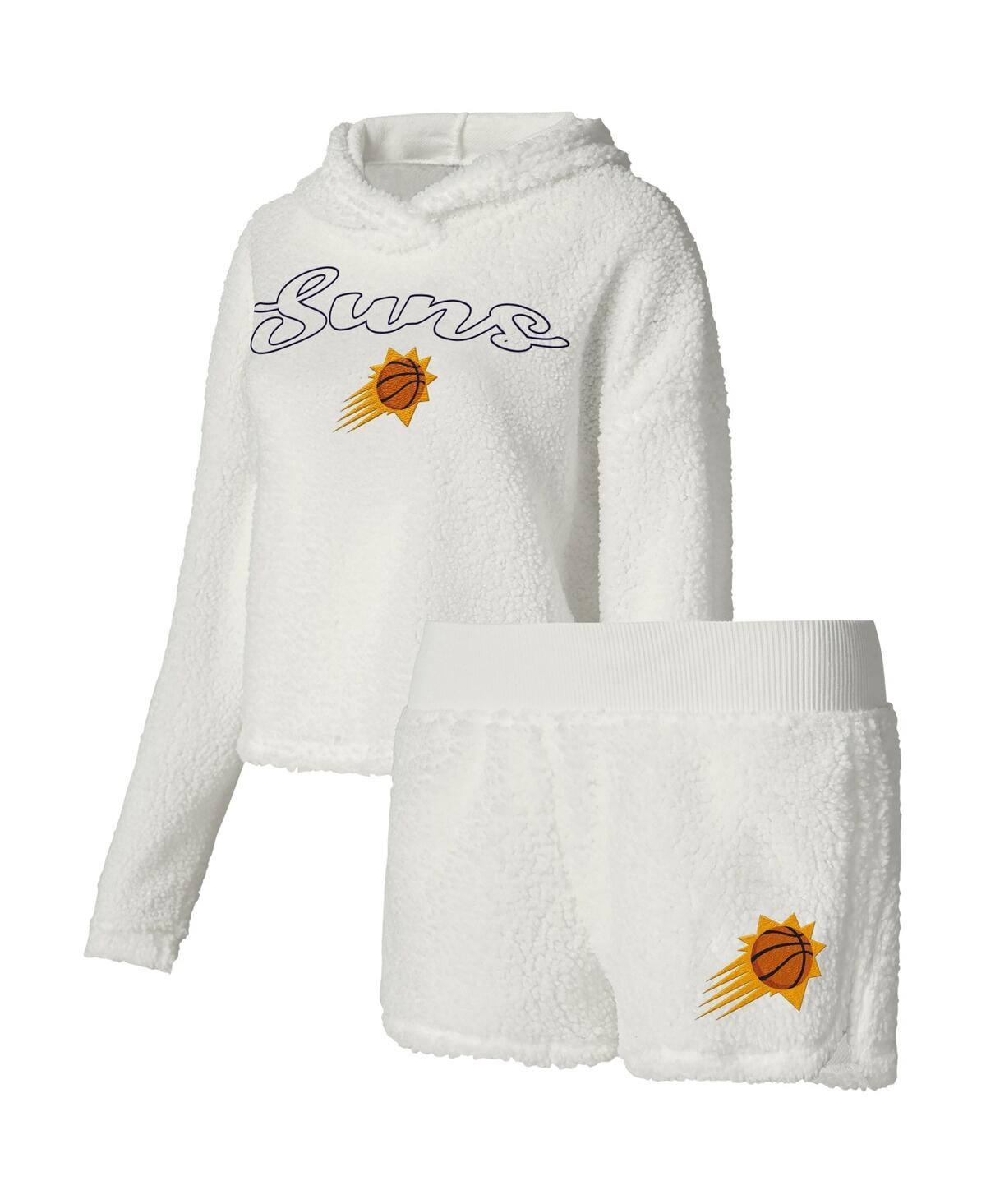 Women's College Concepts Cream Phoenix Suns Fluffy Long Sleeve Hoodie T-shirt and Shorts Sleep Set - Cream