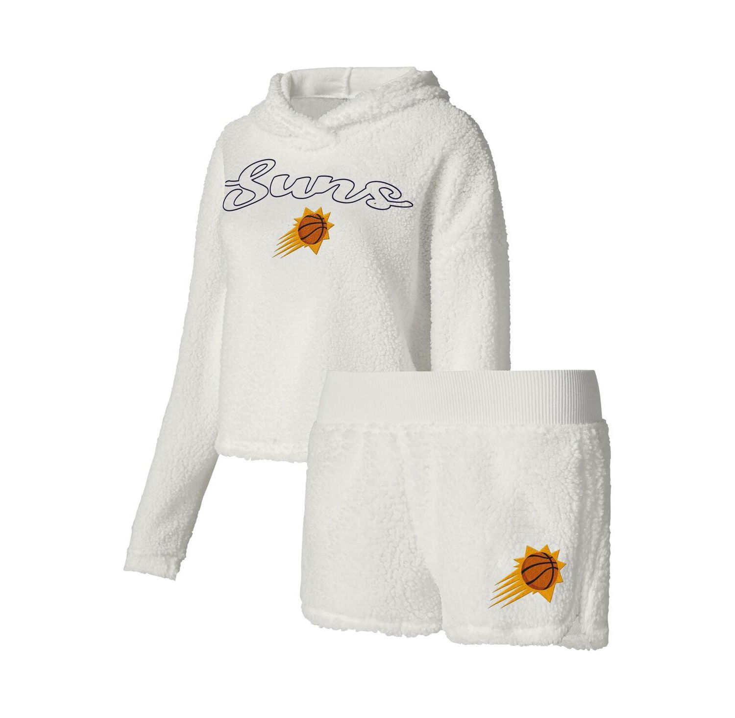Women's Cream Phoenix Suns Fluffy Long Sleeve Hoodie T-shirt and Shorts Sleep Set